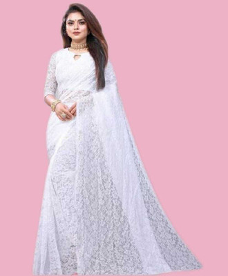Manthan Creation Self Design Daily Wear Net Saree(White)
