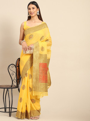 ANOUK Woven Banarasi Silk Blend Saree(Yellow)