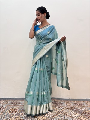 Rungkaat Self Design Banarasi Cotton Silk Saree(Light Blue)