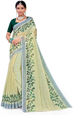 kiyan enterprise Printed, Animal Print, Graphic Print, Embellished Daily Wear Linen, Cotton Linen Saree(Cream)