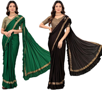 HARIOM FASHION Solid/Plain Bollywood Lycra Blend Saree(Pack of 2, Multicolor)