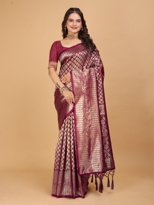 Tejal Creation Self Design Kanjivaram Pure Silk Saree(Purple)