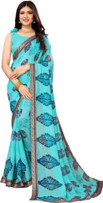 Priyashi Printed Bandhani Georgette, Lace Saree(Blue)