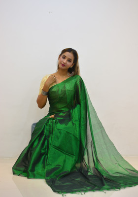 BIBING Solid/Plain Banarasi Tissue Saree(Dark Green)