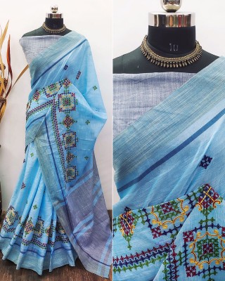 Divastri Embroidered, Self Design, Woven, Printed Handloom Linen, Cotton Silk Saree(Light Blue)