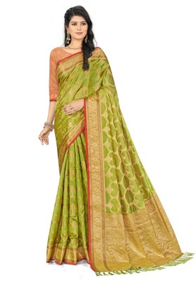 Manokamna Printed Banarasi Silk Blend Saree(Light Green)