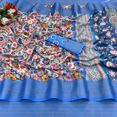 Sanskriti Synthetics Printed Handloom Polyester Saree(Blue)