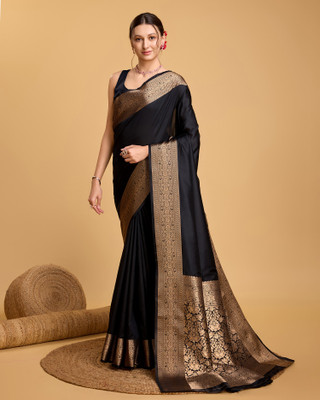 ZIBLON Self Design Saree with Attached Blouse Silk Blend Saree(Black)