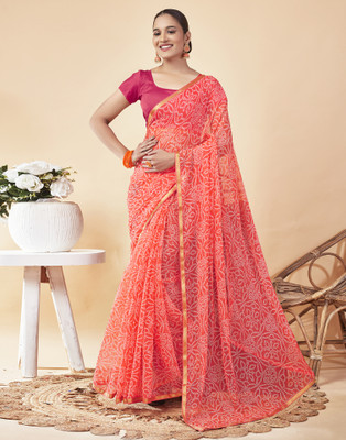 Samah Printed, Embellished Bandhani Chiffon, Georgette Saree(Orange, White)