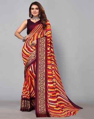Sitanjali Striped Bollywood Georgette, Satin Saree(Maroon)