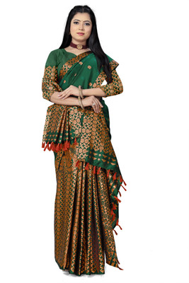 AMILAGROS PIZZARRAS FASHION Woven Mekhela Chador Pure Silk Saree(Green, Gold)