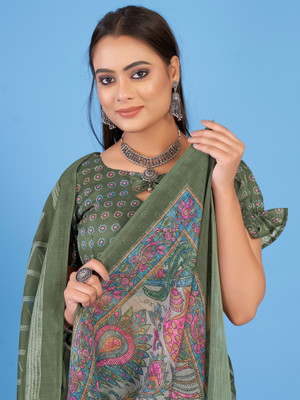 Sareemall Printed Daily Wear Linen Saree(Light Green)