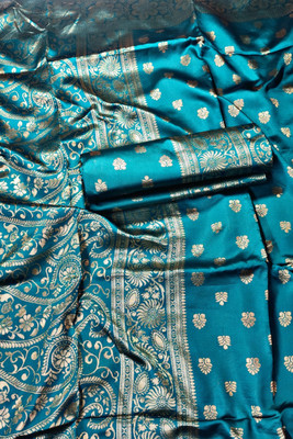 Chanda Enterprise Woven, Floral Print, Paisley Banarasi Pure Silk Saree(Blue, Green)