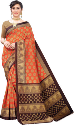 Grubstaker Printed Mysore Art Silk Saree(Orange, Brown)