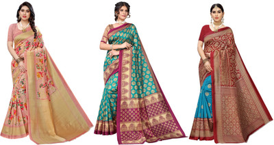 Nirvaan Printed Kalamkari Art Silk Saree(Pack of 3, Pink, Blue, Red)