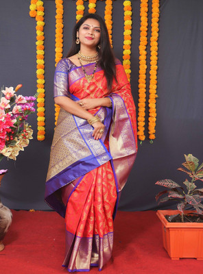 SGF11 Self Design Handloom Pure Silk Saree(Red)