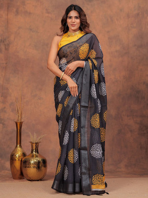 SimSim Trendz Digital Print Chanderi Linen Saree(Black)
