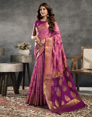 all about you Woven, Self Design Banarasi Silk Blend Saree(Pink, Purple)