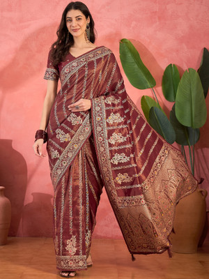 manvaa Embellished Banarasi Silk Blend Saree(Maroon)