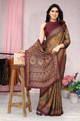 MIRCHI FASHION Printed, Floral Print Daily Wear Chiffon, Georgette Saree(Maroon, Orange)