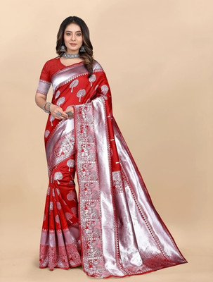 Om Creation Self Design Banarasi Polyester Saree(Red)