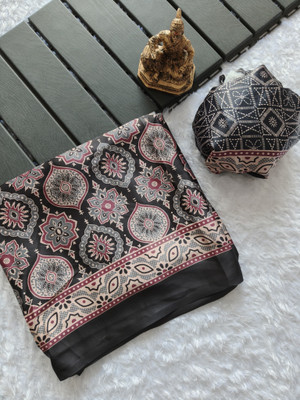 ASFAB Printed Banarasi Cotton Blend Saree(Black)