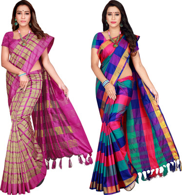 Shaibo saree Checkered Bollywood Cotton Silk Saree(Pack of 2, Multicolor)