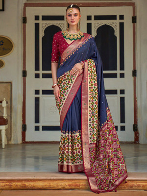 ANOUK Embellished Pochampally Silk Blend Saree(Dark Blue)