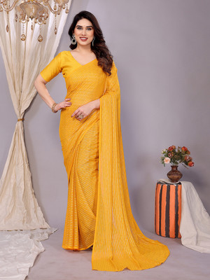 Anand Sarees Embellished, Solid/Plain, Self Design Leheria Georgette, Chiffon Saree(Yellow)