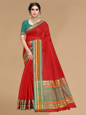 Moda Rapido Self Design, Temple Border Kota Doria Cotton Silk Saree(Red)