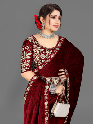 hutah Self Design Daily Wear Velvet, Lycra Blend Saree(Maroon)