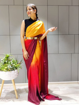 Riddhi textile Hub Dyed Bollywood Chiffon Saree(Red, Yellow)