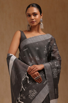 soch Printed Saree with Attached Blouse Chanderi Saree(Grey)