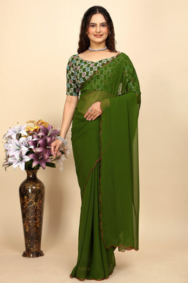 SAADHYA CREATION Embroidered, Solid/Plain Bollywood Georgette Saree(Light Green)