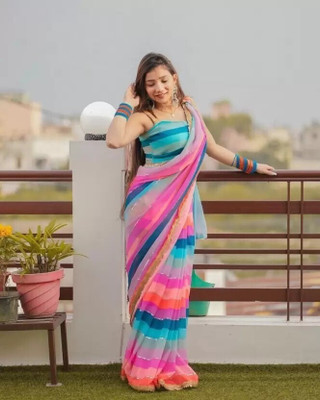 Dharmik Fashion Studio Printed, Digital Print, Striped, Self Design, Embroidered Bollywood Net Saree(Multicolor)