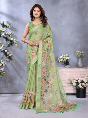 Vintro Floral Print Bollywood Linen Saree(Green)