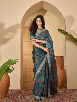 Vichitra Floral Print Bollywood Chiffon Saree(Dark Blue)