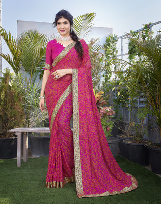 YASHIKA Printed Bollywood Georgette, Lace Saree(Pink)