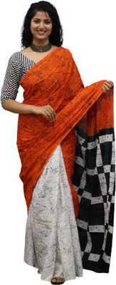 Clothonus Printed Ikkat Pure Cotton Saree(Orange)