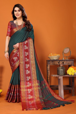 Soor Panchi Woven Narayanpet Cotton Silk Saree(Dark Green)