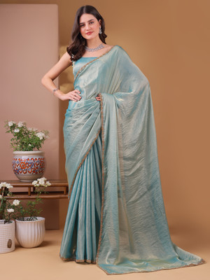 QVIDYA Solid/Plain Bollywood Organza, Silk Blend Saree(Light Blue)