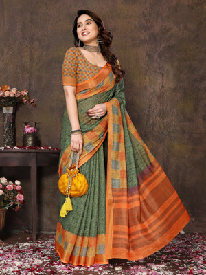 Soor Panchi Digital Print Banarasi Cotton Linen Saree(Green, Orange)