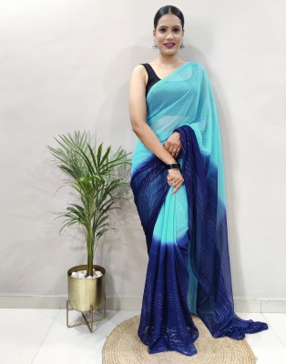 Divastri Dyed, Striped, Embellished Bollywood Georgette Saree(Blue)