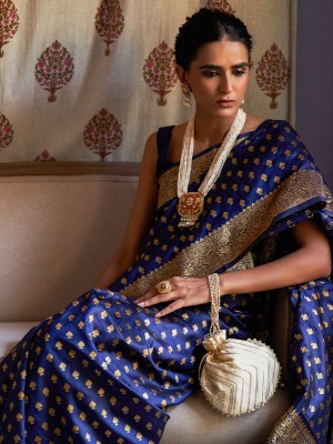 Janasya Woven, Self Design Banarasi Silk Blend Saree(Blue)