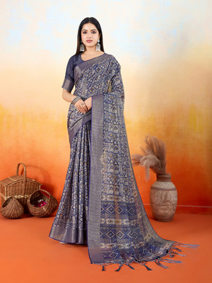 RekhaManiyar Printed Saree with Attached Blouse Silk Blend Saree(Blue)