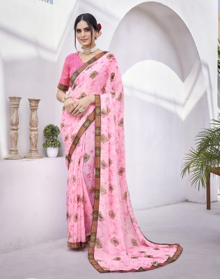 YASHIKA Printed Bandhani Georgette, Lace Saree(Pink)