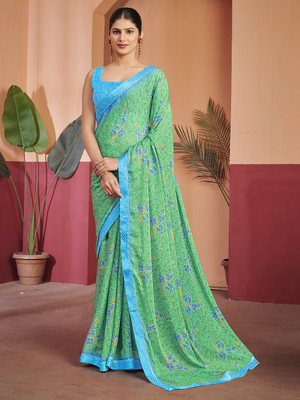 HouseOfCommon Printed Bollywood Chiffon Saree(Light Green)