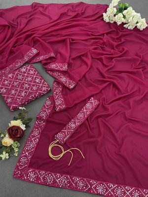 Mionas Embroidered, Solid/Plain Bollywood Chiffon Saree(Pink)