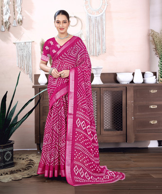 Samah Geometric Print, Printed Bollywood Cotton Blend Saree(Pink)