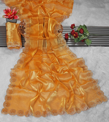ABSilk Solid/Plain Bollywood Jimmy choo Saree(Yellow)